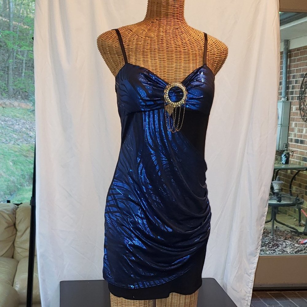 Ladies Vintage SOLAR Party Dress in Black & Blue w/Decorative Brooch - L/XL